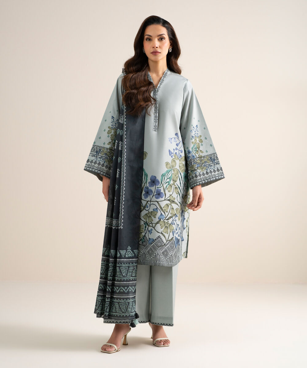 Women's Unstitched Cotton Printed Bluish Grey 3 Piece Suit