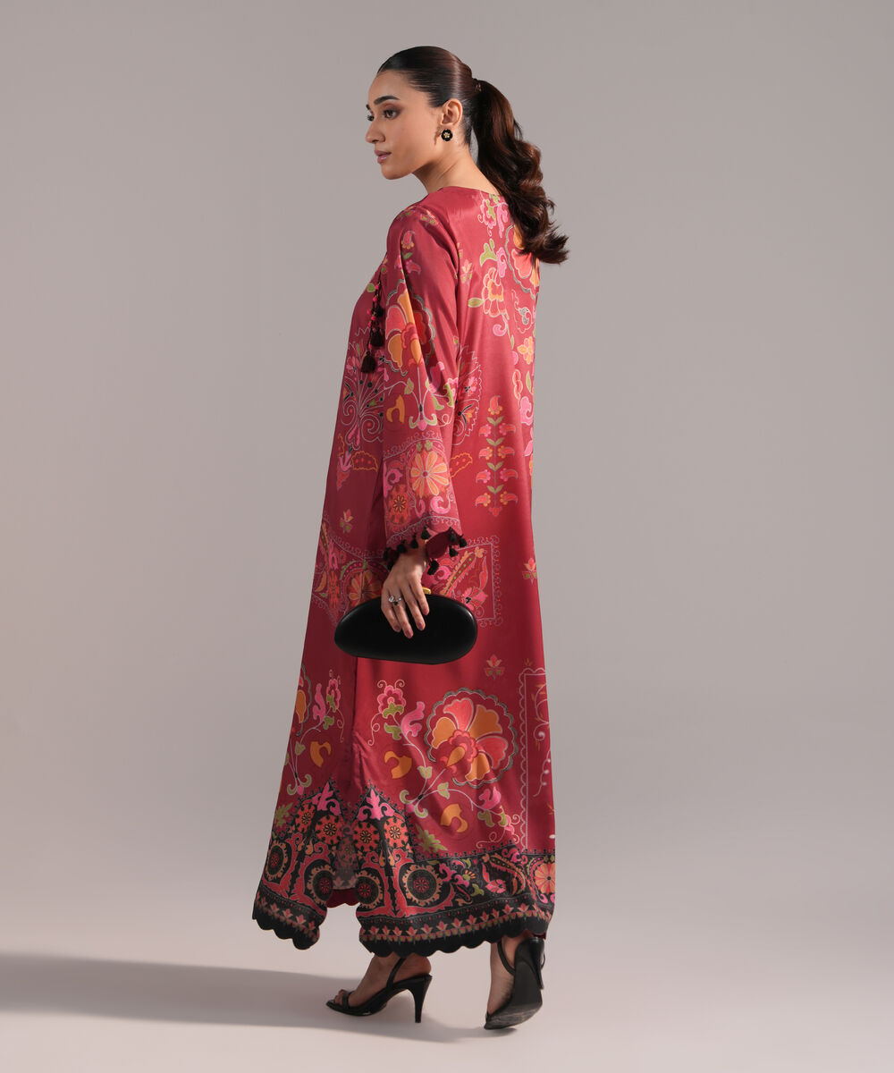 Women's RTW Blended Grip Silk Printed Red A-Line Shirt