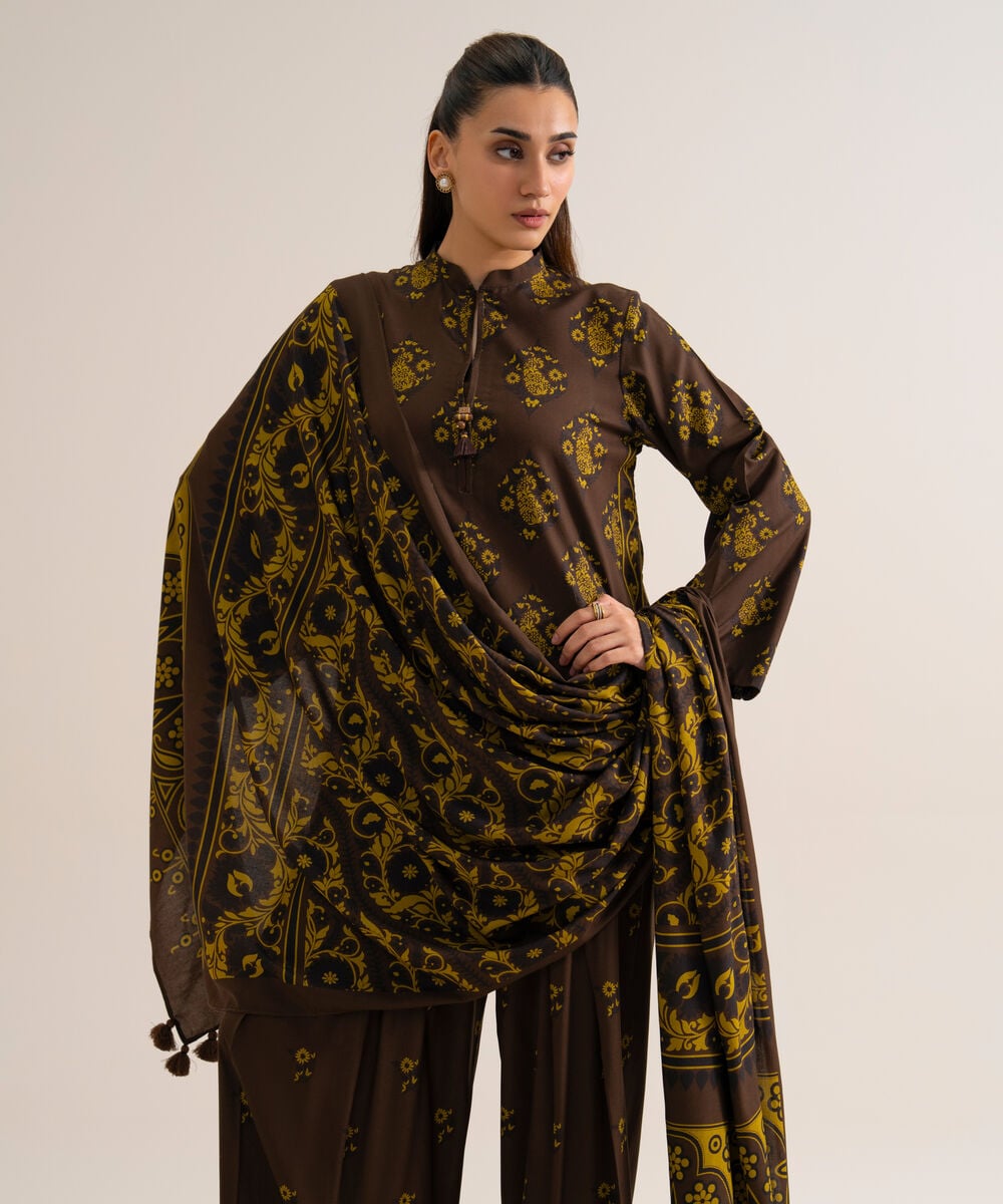 Women's Unstitched Viscose Linen Printed Brown 3 Piece Suit