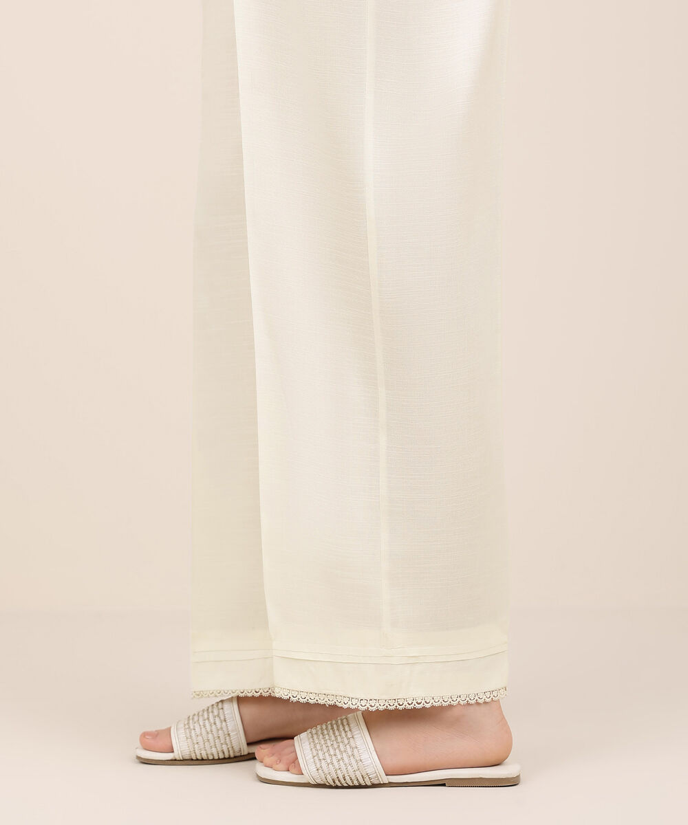 Women's RTW Cambric Off White Solid Straight Pants