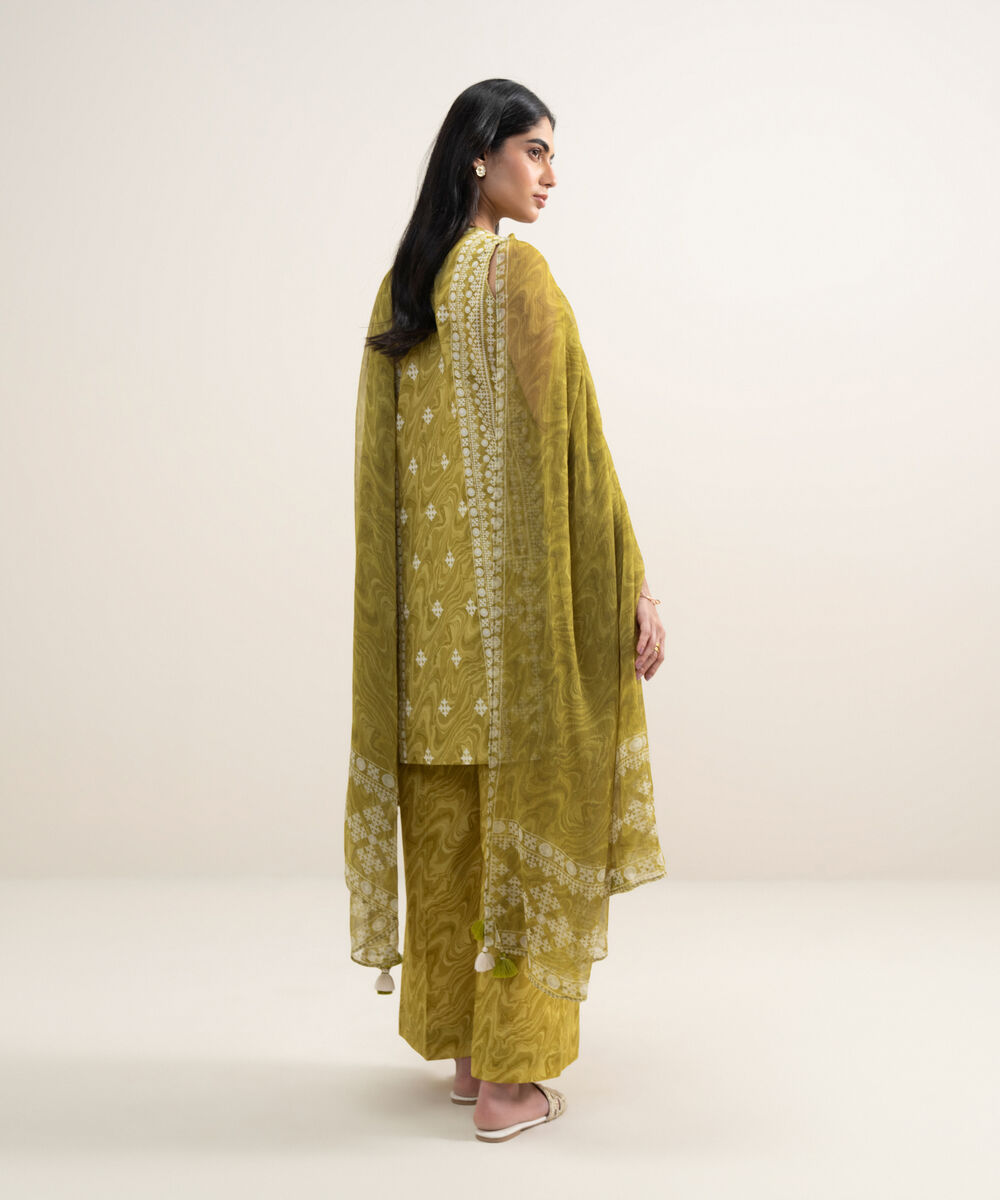 Women's Unstitched Lawn Printed Mustard 3 Piece Suit