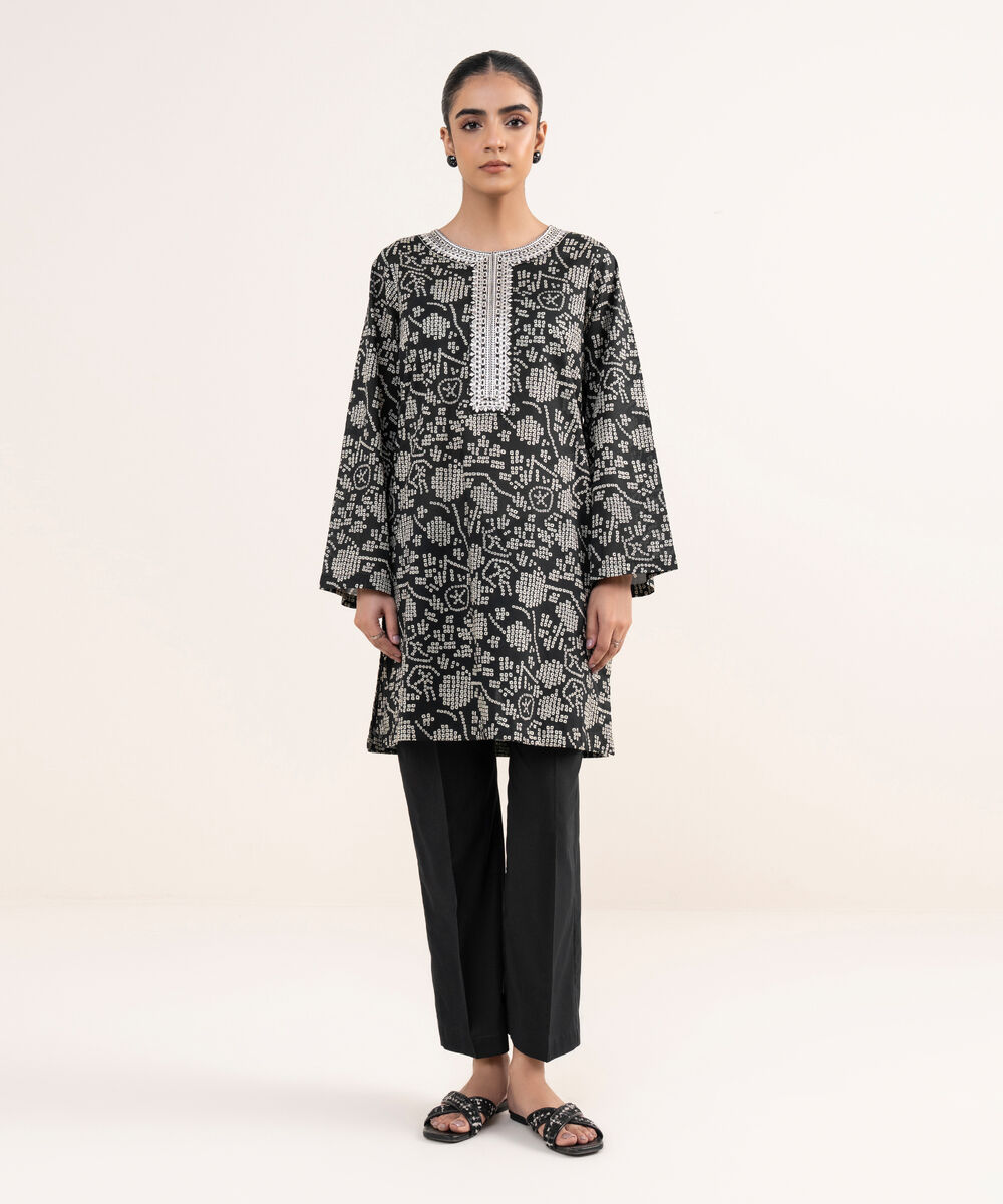 Women's RTW Lawn Black Embroidered A-Line Shirt