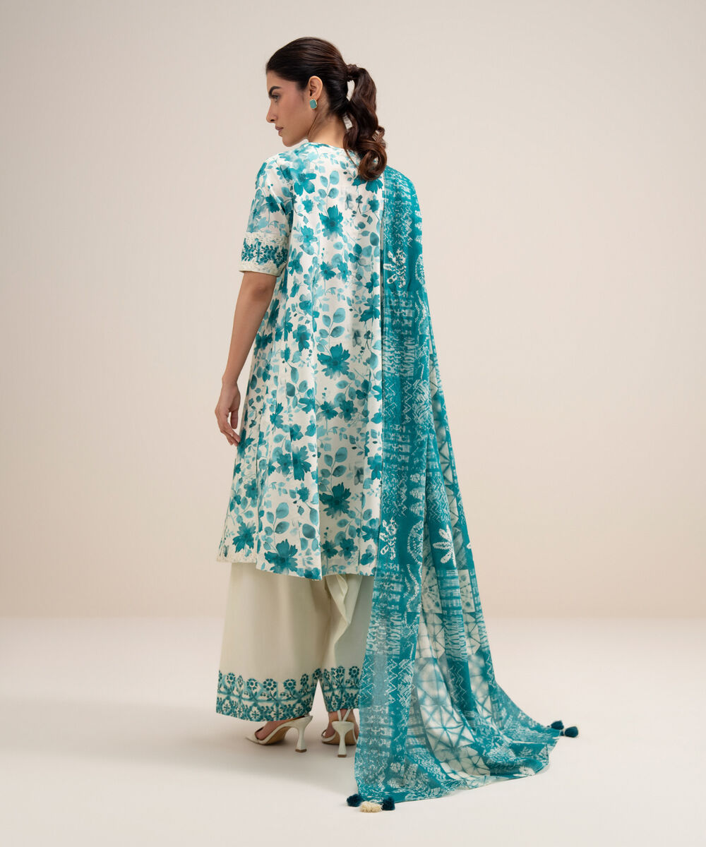 Women's Unstitched Lawn Embroidered Off White and Blue 3 Piece Suit