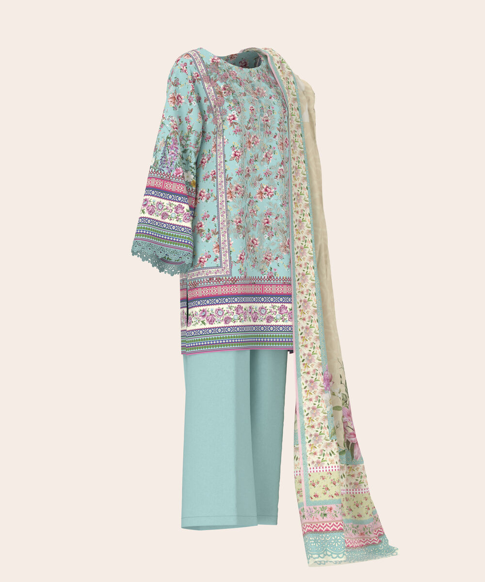 Women's Unstitched Lawn Aqua  Embroidered 3 Piece Suit