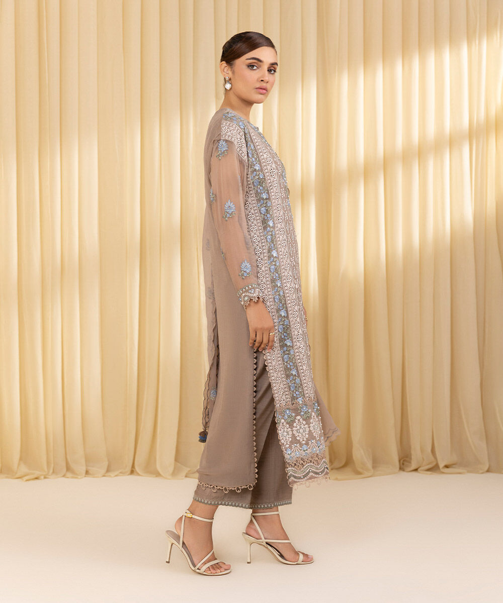Unstitched Women's Beige Blended Chiffon 3 Piece Suit