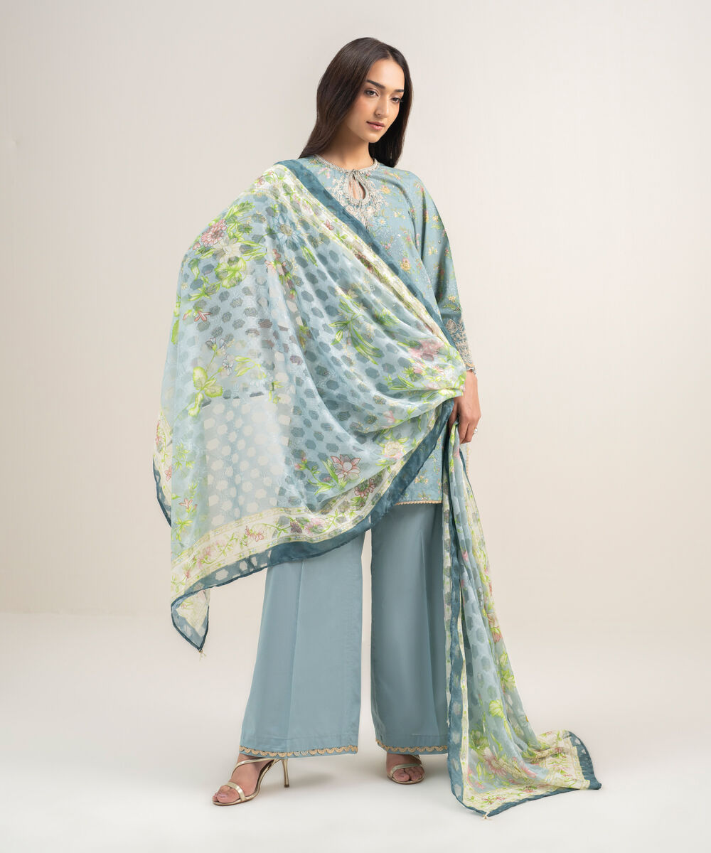 Women's RTW Zari Lawn Embroidered Blue 3 Piece Suit