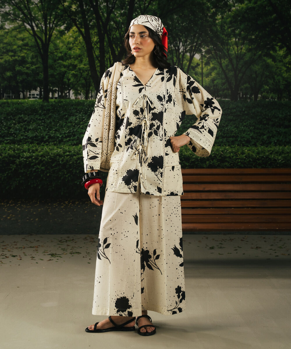 Women's RTW Slub Lawn Printed White Drop Shoulder Shirt