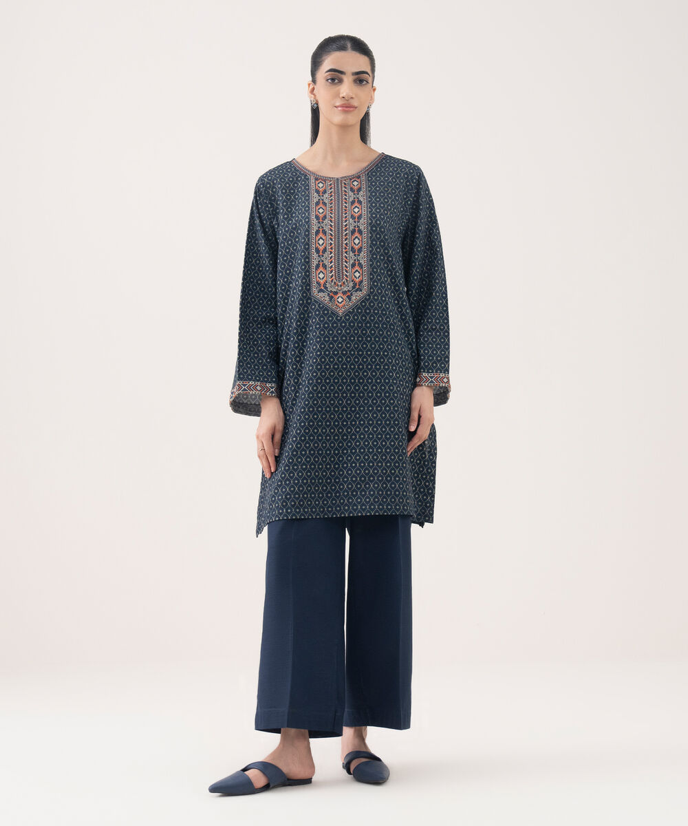 Women's RTW Light Khaddar Embroidered Blue Straight Shirt