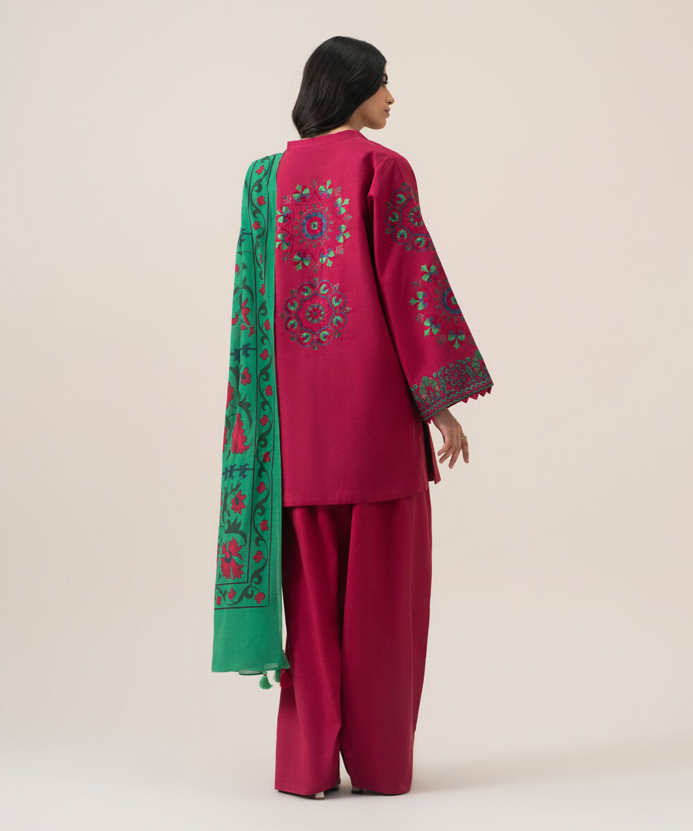 Women's Unstitched Basic Khaddar Embroidered Pink 3 Piece Suit