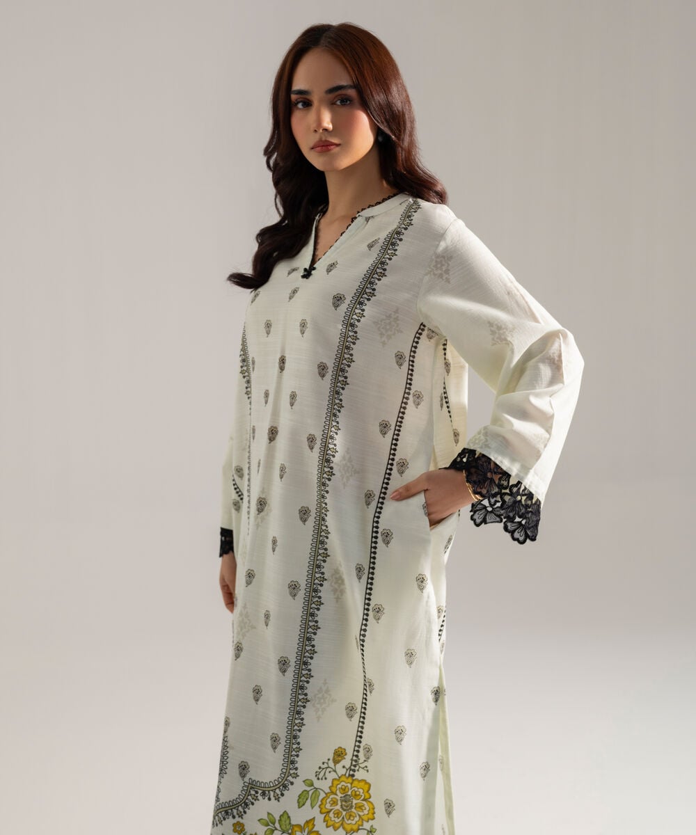 Women's RTW Printed White Khaddar A-Line Shirt
