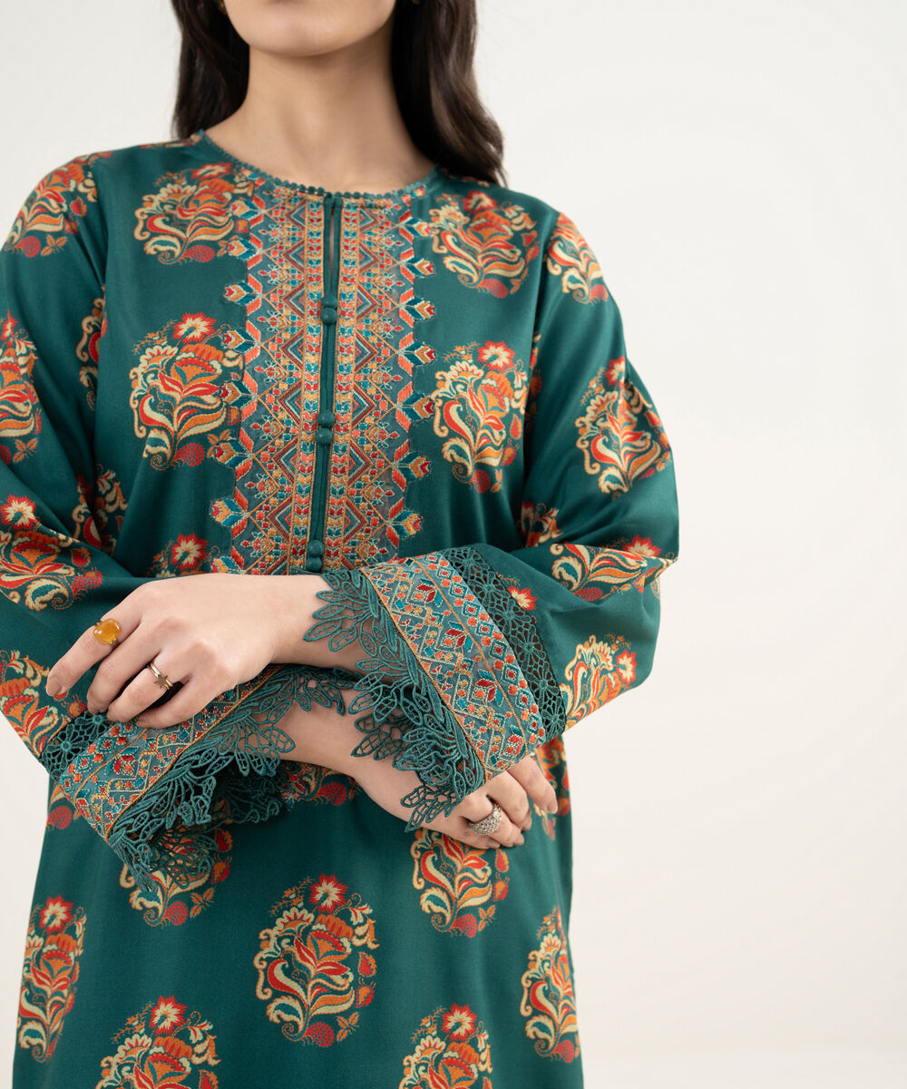 Women's RTW Arabic Cambric Embroidered Dark Green Straight Shirt