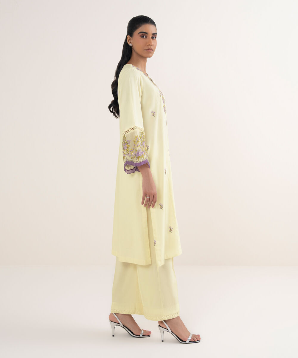 Women's RTW Cotton Viscose Embroidered Off White A-Line Shirt