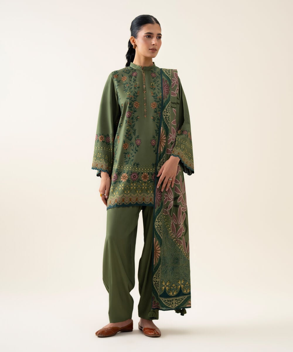 Womens Unstitched Viscose Linen Printed Green 3 Piece Suit