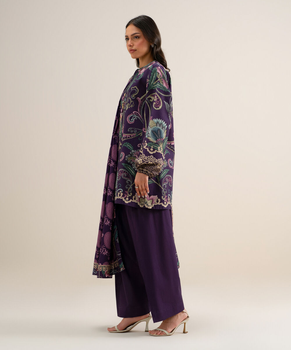 Women's Unstitched Printed Cotton Viscose Purple 3 Piece Suit