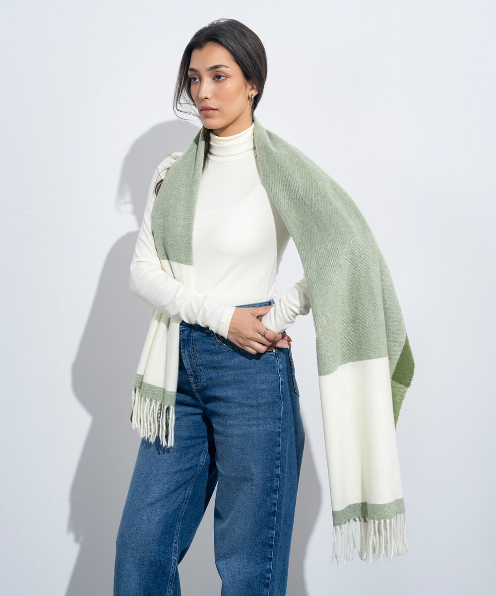 Women's Western Wear Off White & Green Woollen Scarf