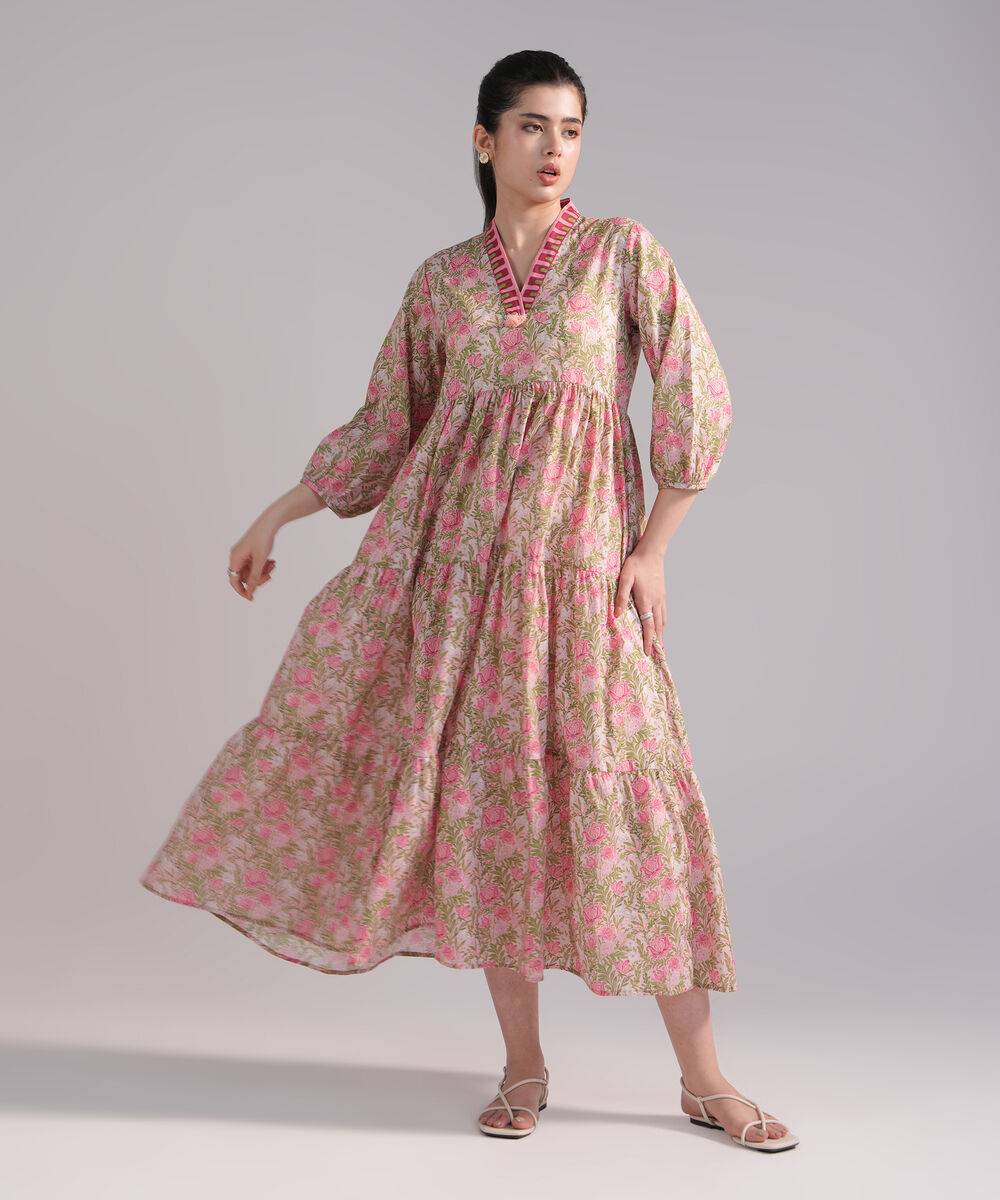 Women's RTW Slub Lawn Printed Pink Dress Shirt