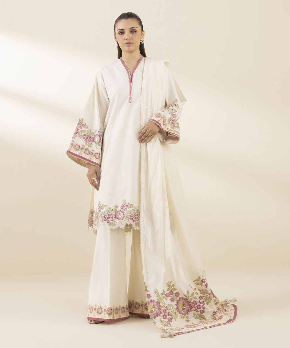 Unstitched Women's Off White Jacquard 3 Piece Suit