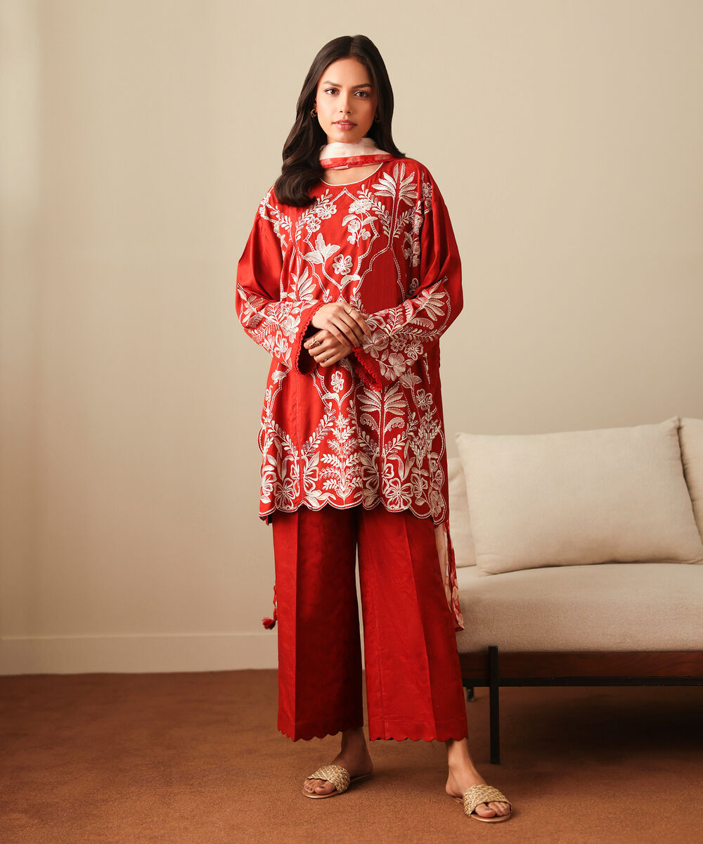Women's RTW Arabic Self Jacquard Embroidered Orange Boxy Shirt