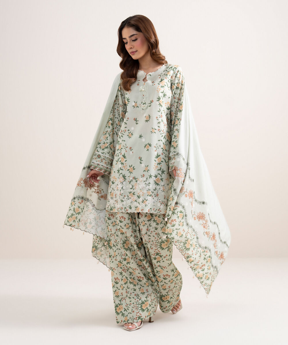 Women's Unstitched Lawn Embroidered Beige 3 Piece Suit