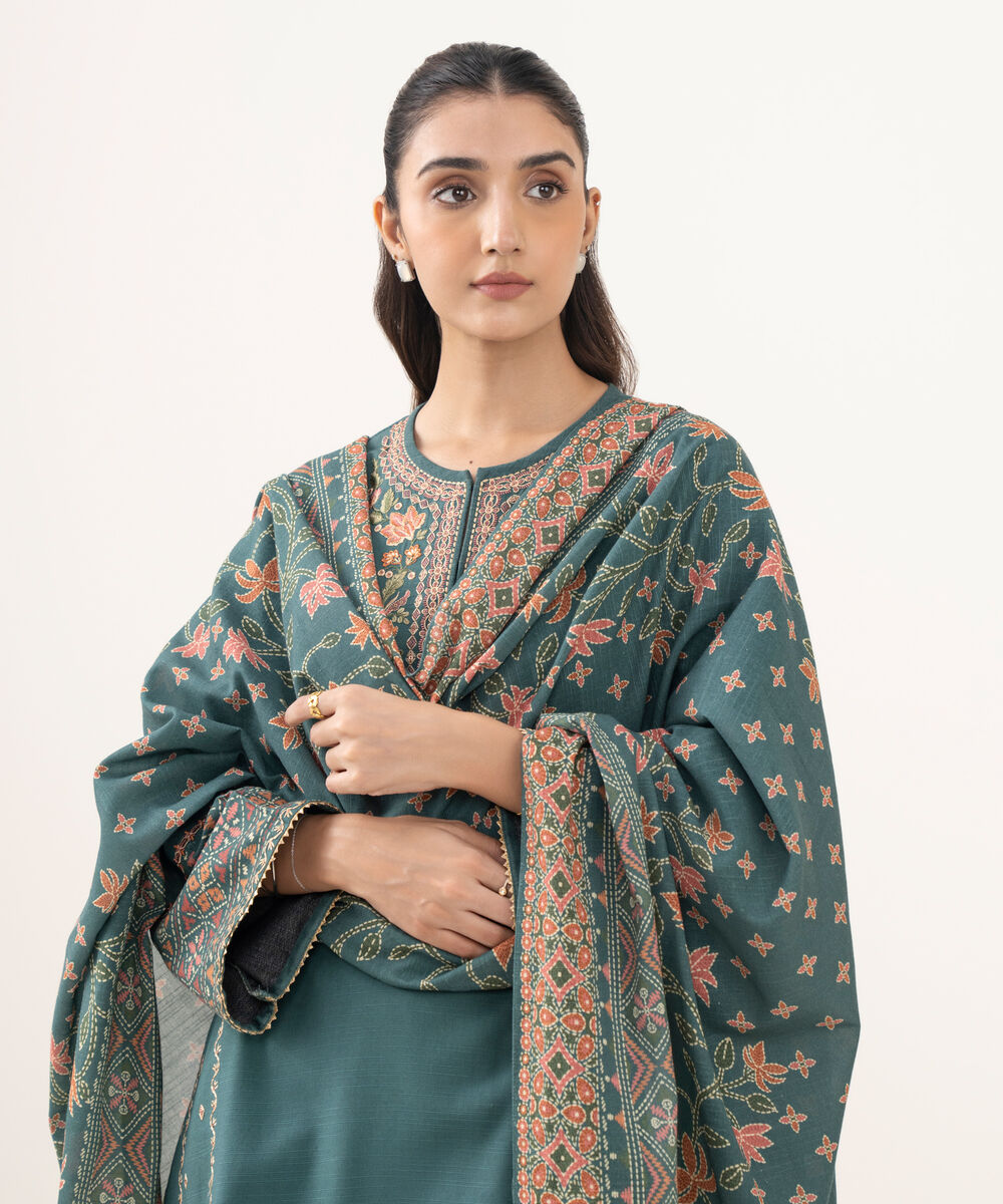 Women's Unstitched Light Khaddar Embroidered Green 3 Piece Suit