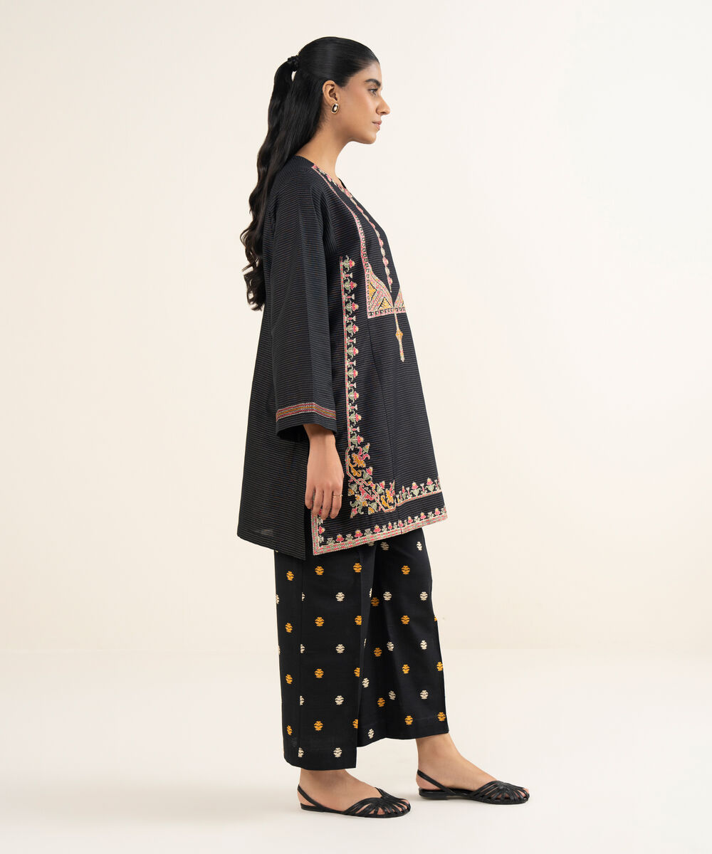 Women's RTW Light Khaddar Embroidered Black Boxy Shirt