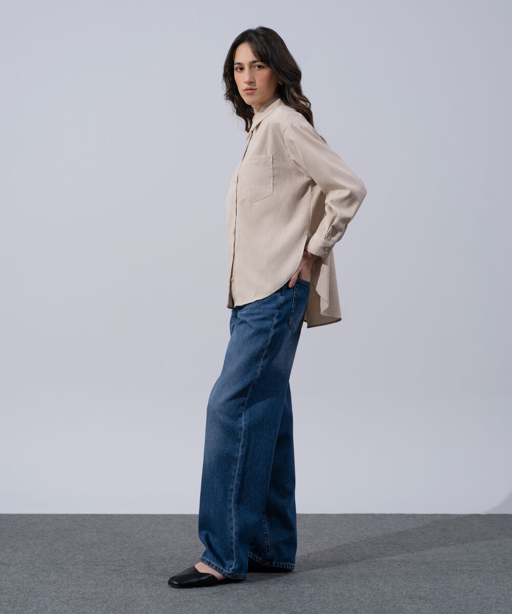 Women's Western Wear Beige Polyester Button Through Corduroy Shirt