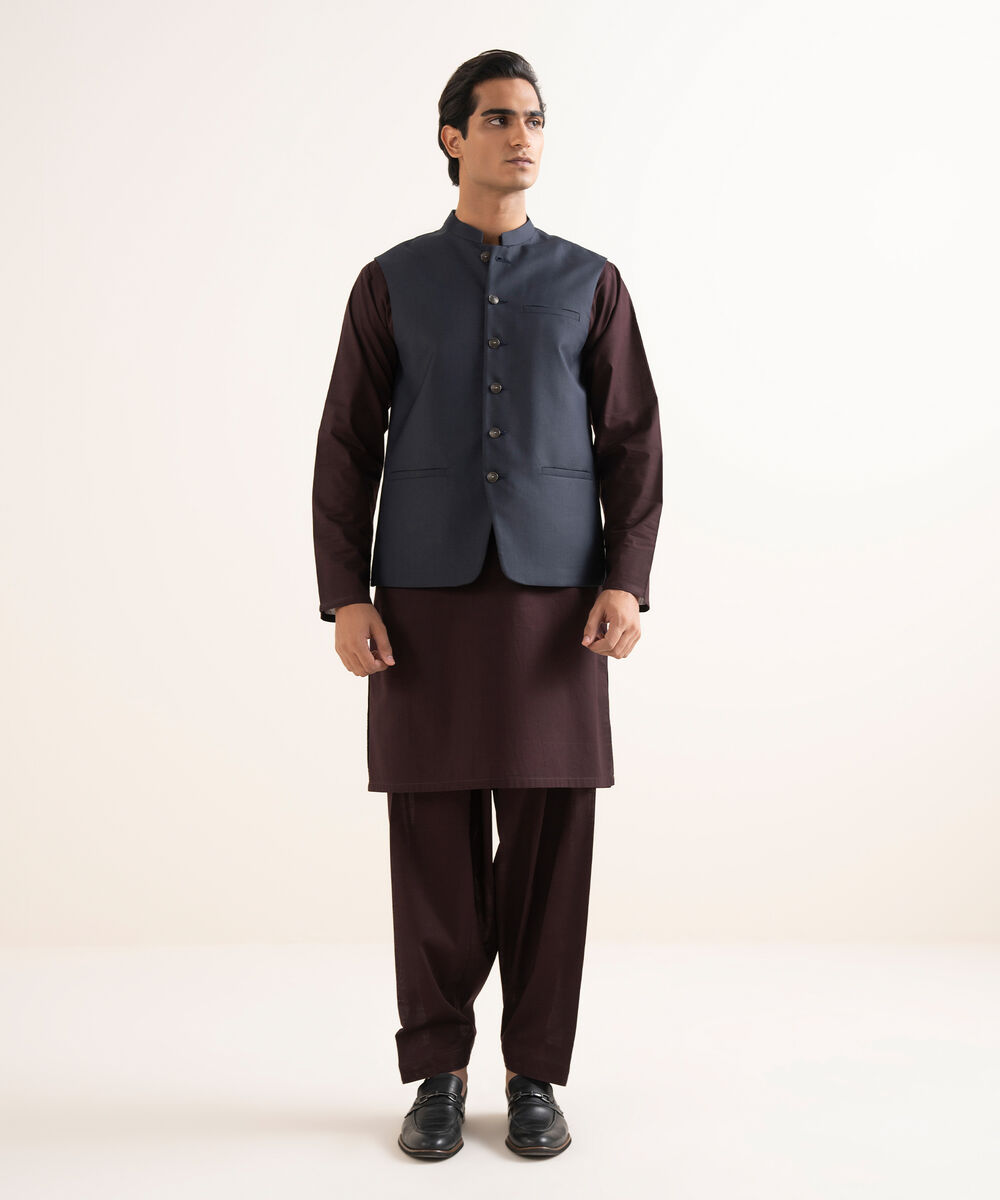 Men's Stitched Textured Wash & Wear Blue Waistcoat