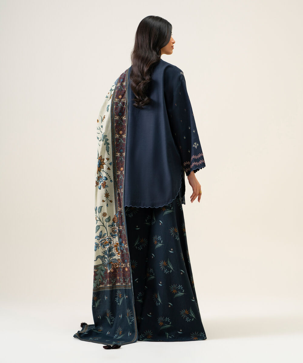 Womens Unstitched Light Khaddar Embroidered Navy Blue And Off White 3 Piece Suit