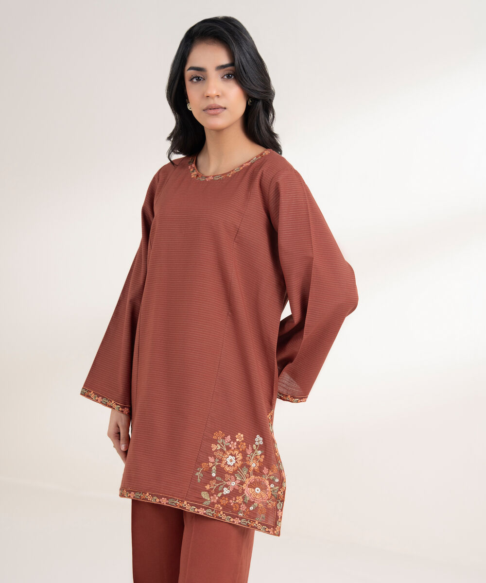 Women's RTW Light Khaddar Embroidered Rust Straight Shirt