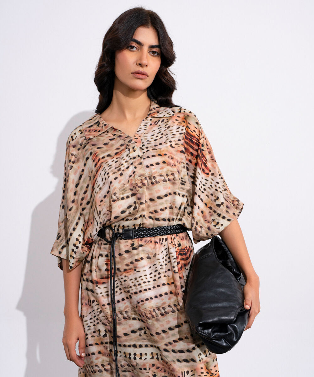 Women's Multicoloured Printed Kimono Dress With Leather Belt