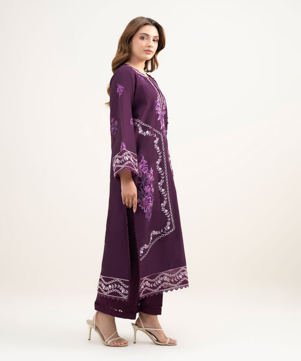 Women's RTW Silk Cotton Net Embroidered Purple 2 Piece Suit