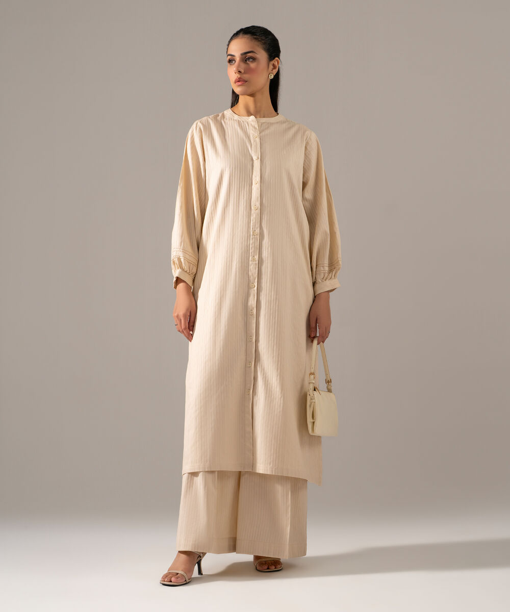 Women's RTW Dobby Strip Solid Off White 2 Piece Suit