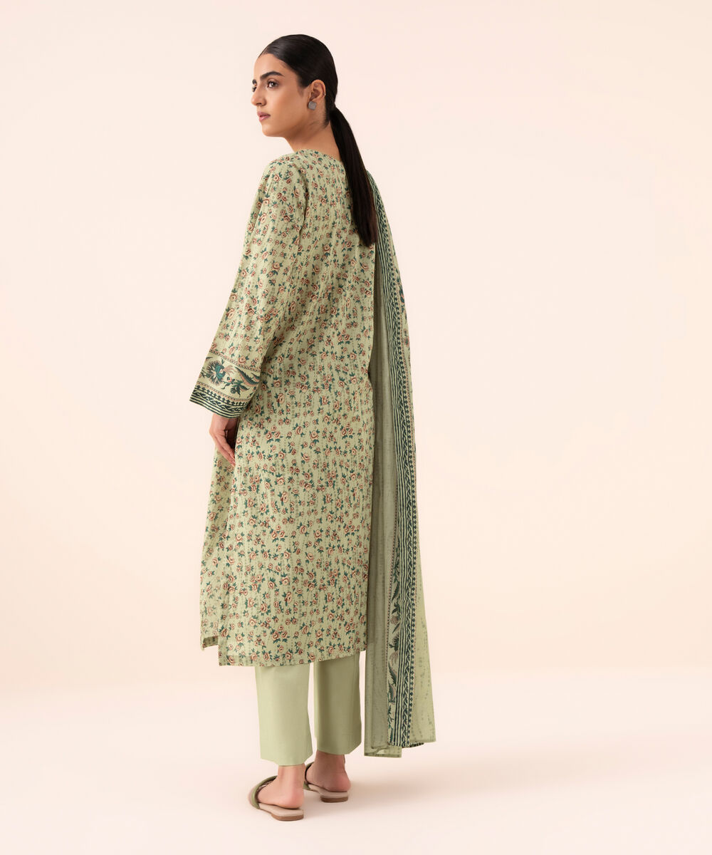 Women's Unstitched Cotton Printed Beige Three Piece Suit