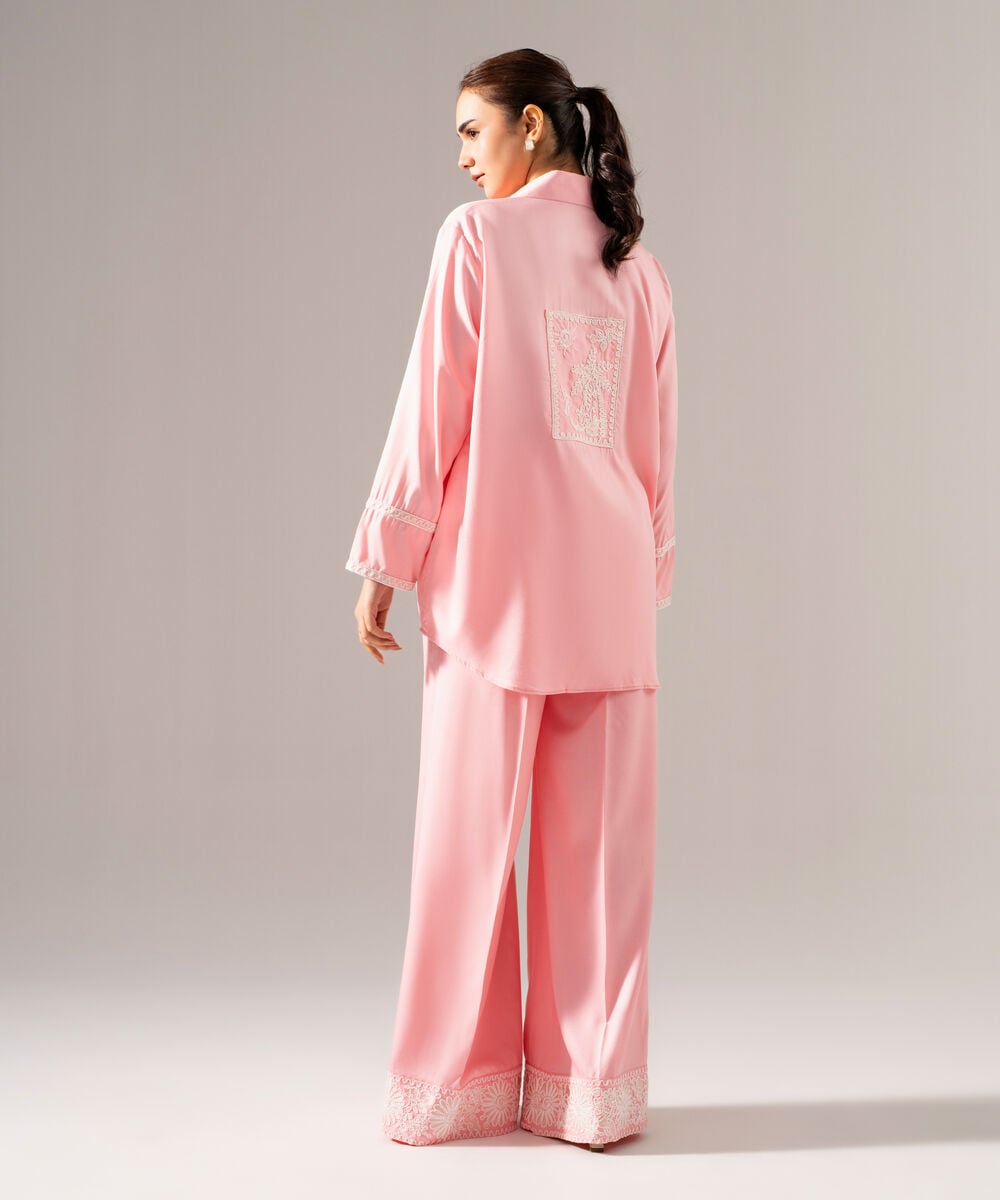 Women's RTW Viscose Marina Solid Embroidered Pink Drop Shoulder Shirt