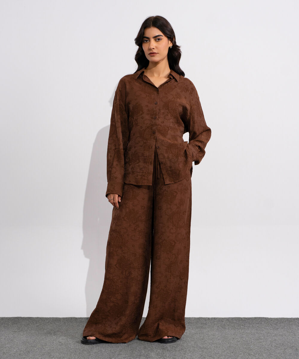 Women's Brown Textured Button Through Shirt