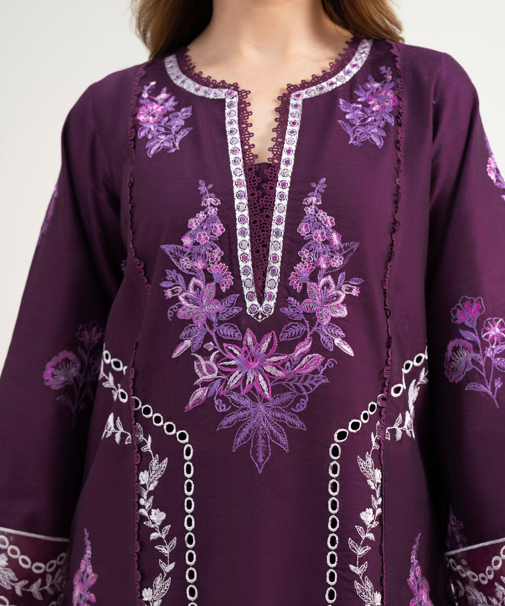 Women's RTW Silk Cotton Net Embroidered Purple 2 Piece Suit