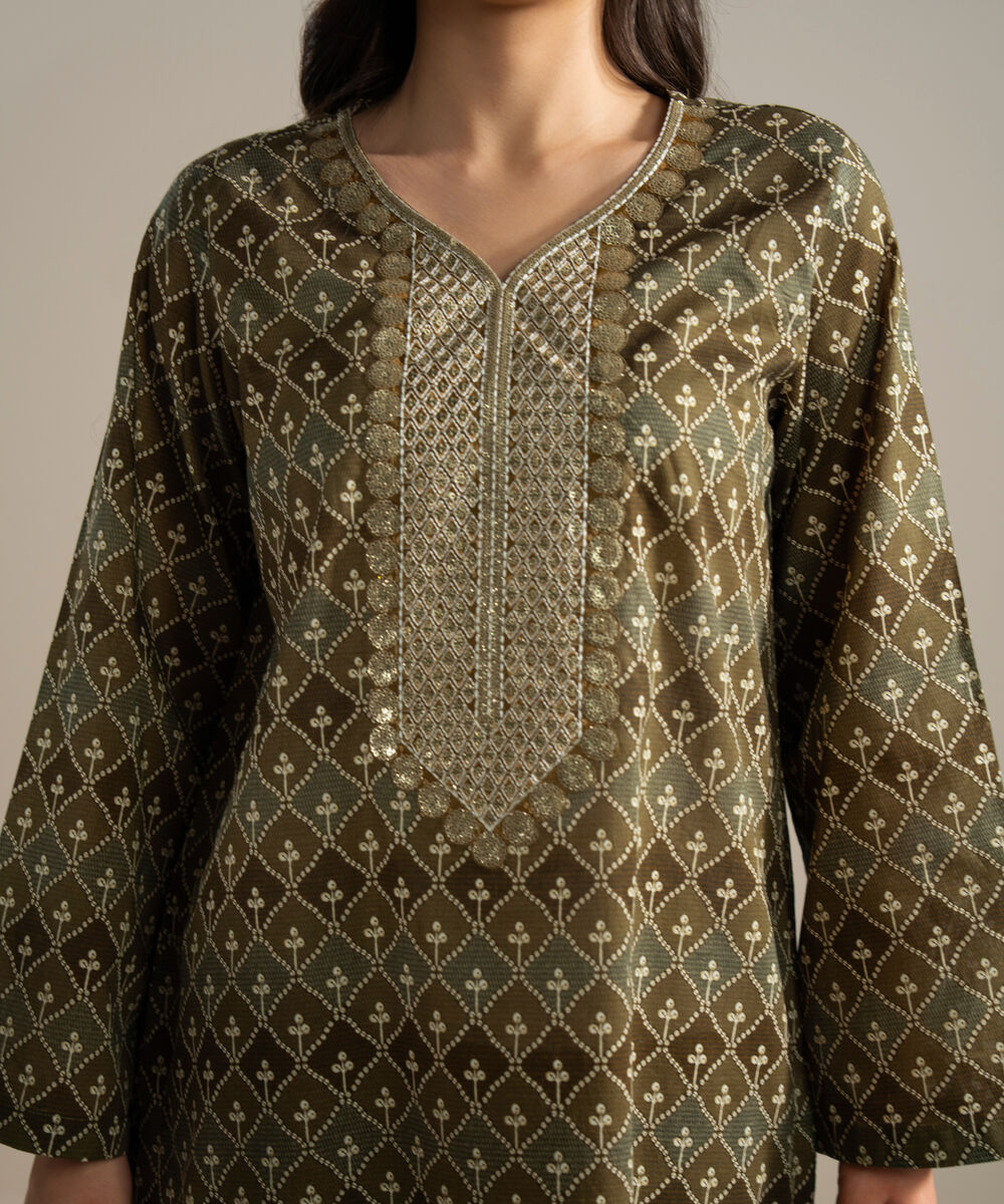 Women's RTW Slub Lawn Embroidered Green Straight Shirt