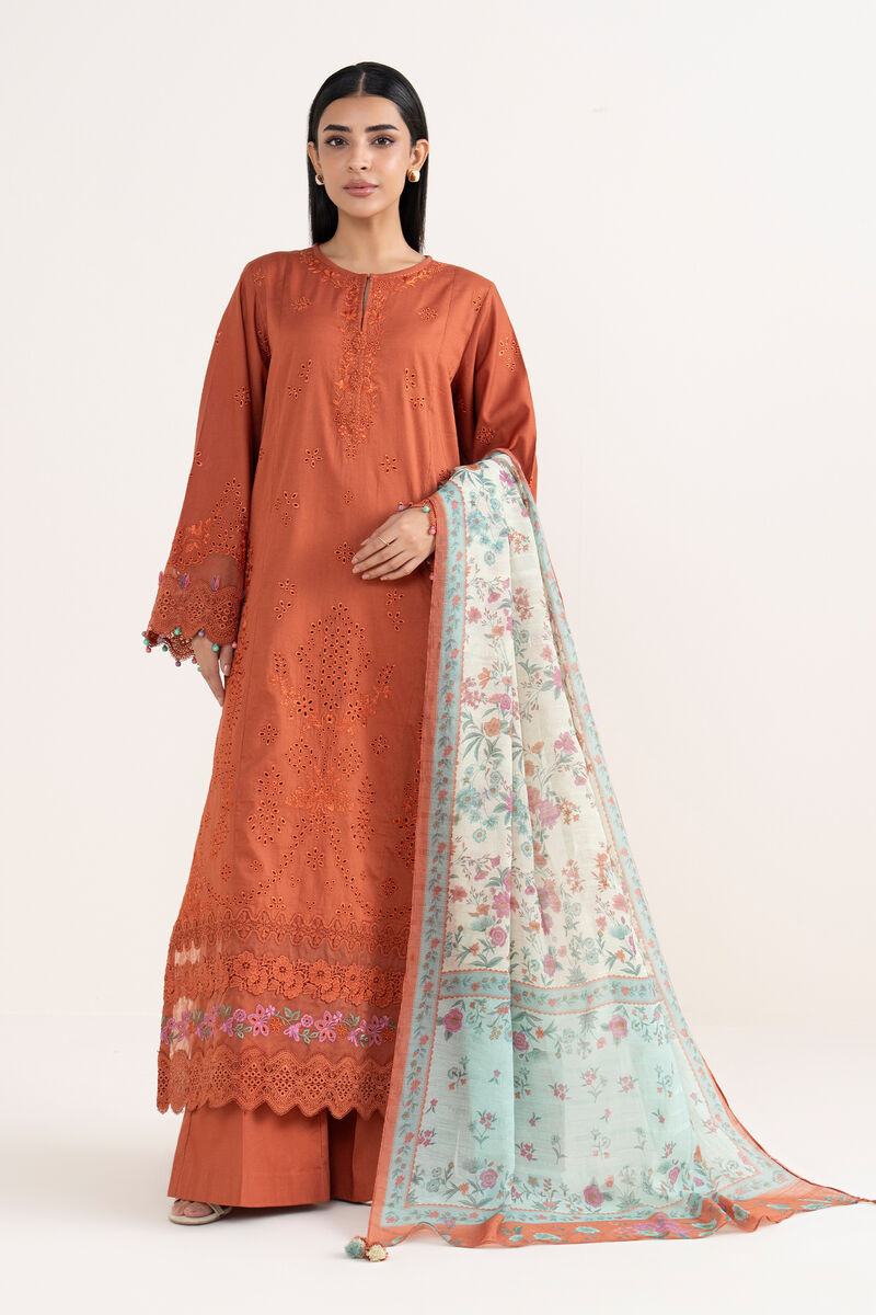 3 Piece -  Embroidered Fine Cotton Satin Suit