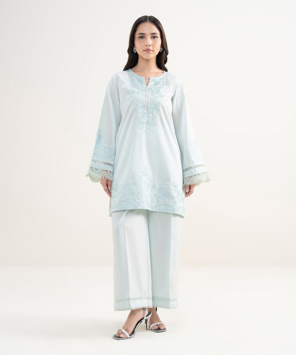 Women's RTW Self Jacquard Embroidered Blue Straight Shirt