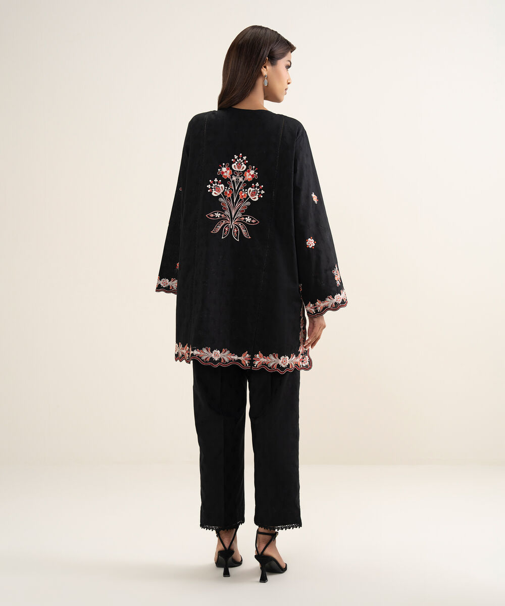 Women's RTW Self Jacquard Embroidered Black Straight Shirt