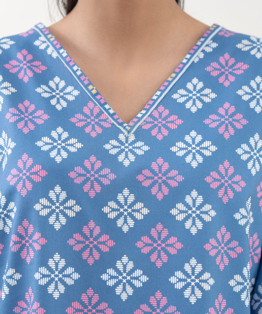 Women's Unstitched Cotton Printed Blue 2 Piece Suit