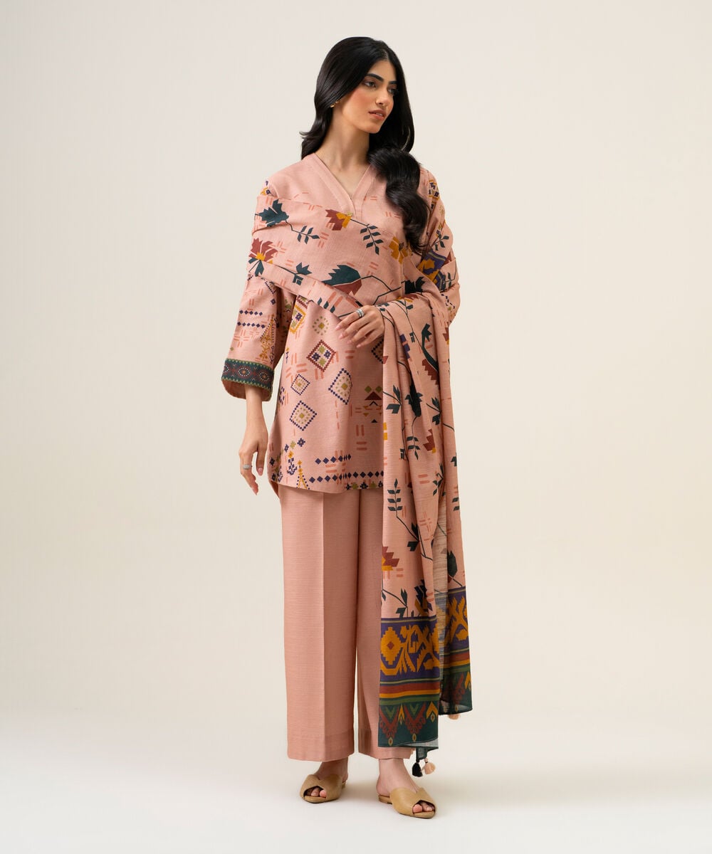 Womens Unstitched Premium Khaddar Printed Pink 3 Piece Suit