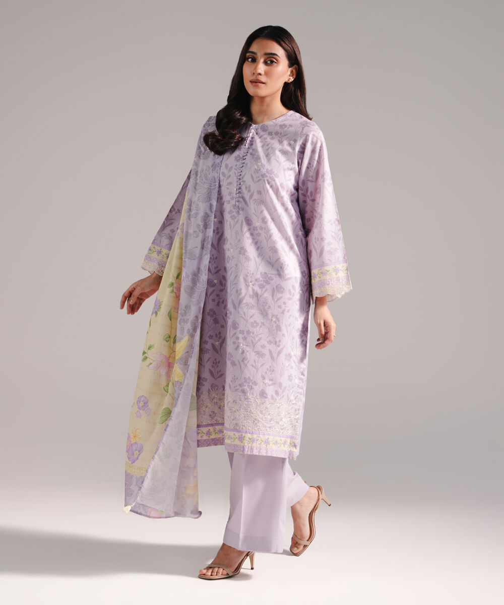 Women's RTW Lawn Printed Lilac 3 Piece Suit