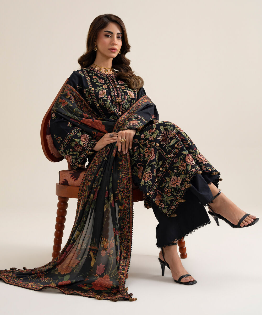 Women's Unstitched Fine Cotton Satin Embroidered Black 3 Piece Suit
