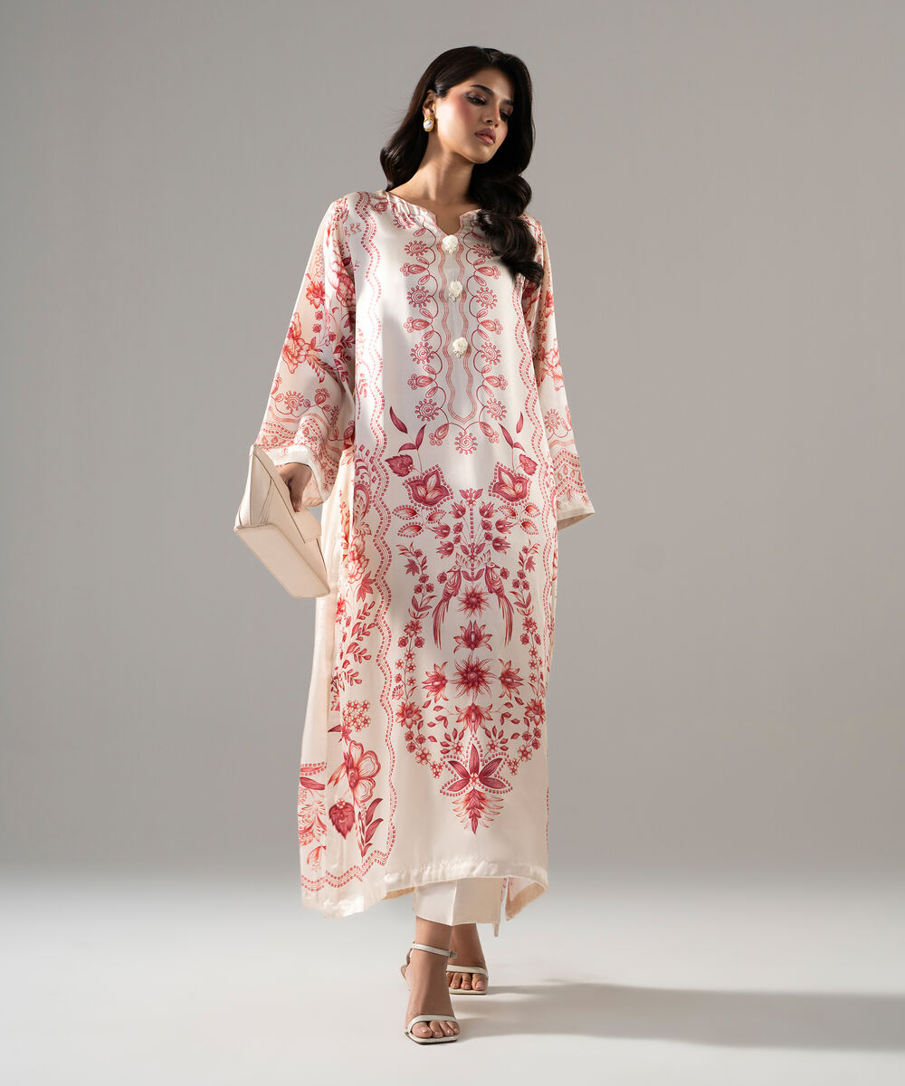 Women's RTW Viscose Raw Silk Printed Beige 2 Piece Suit