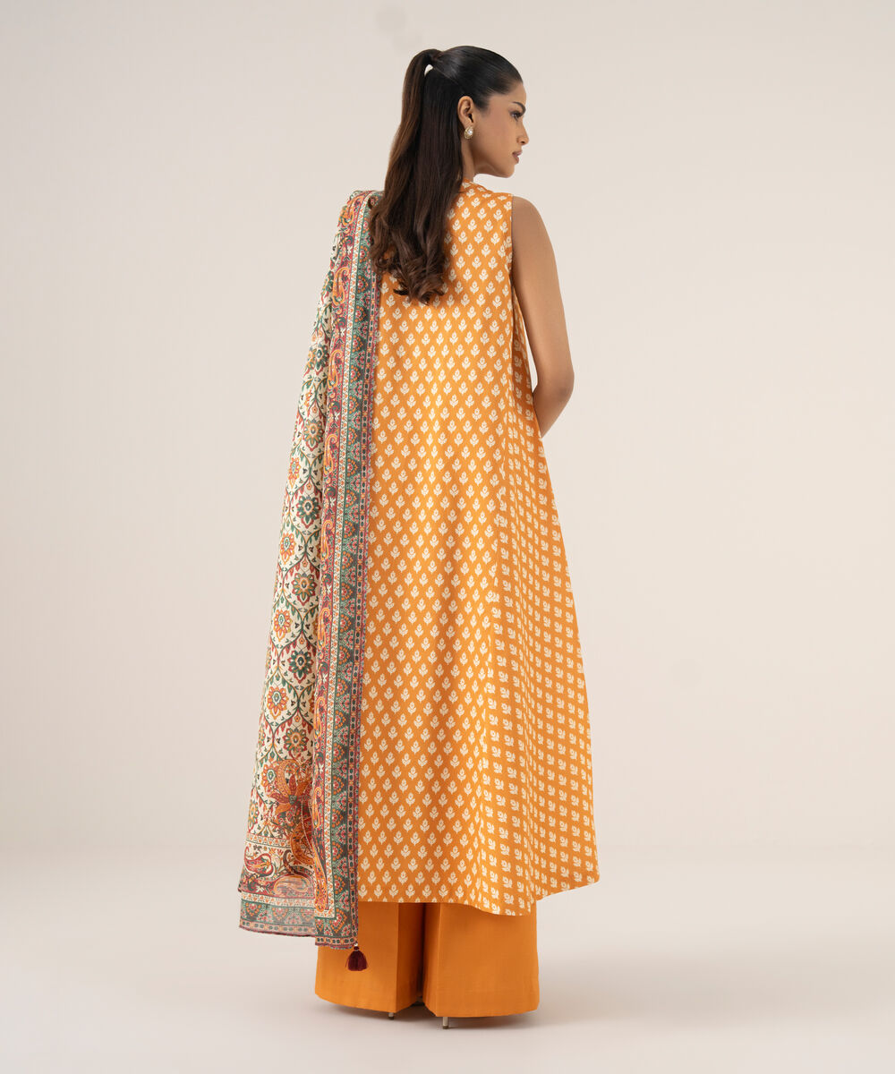 Women's Unstitched Cotton Printed Orange Three Piece Suit