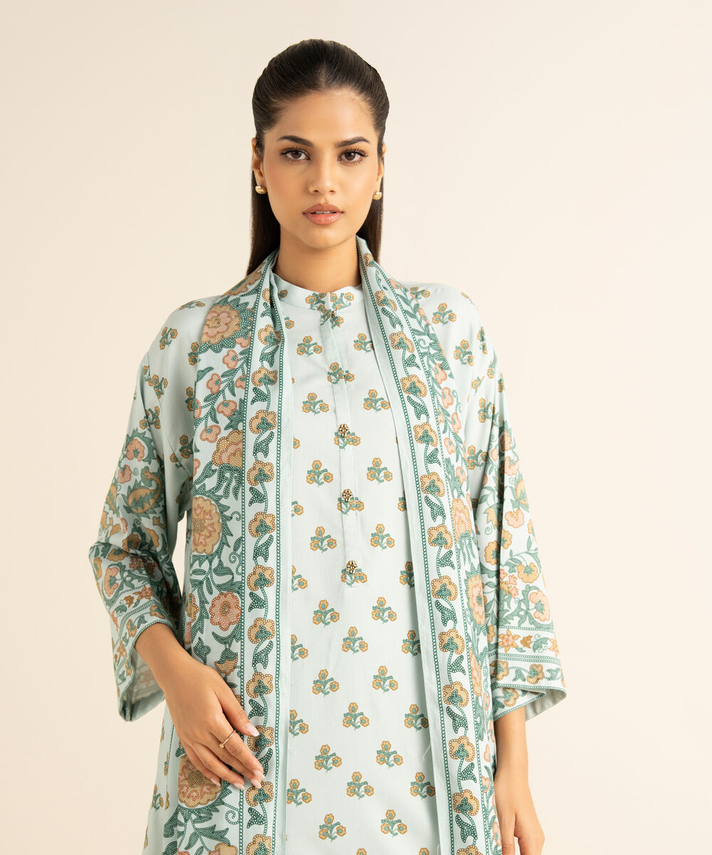 Women's Unstitched Linen Printed Blue 3 Piece Suit
