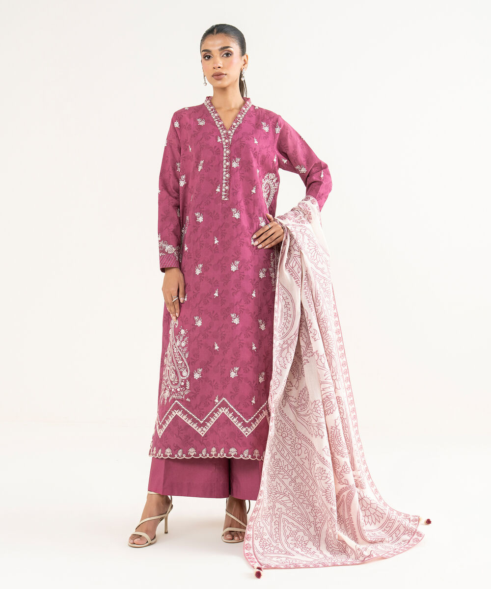 Women's Unstitched Cotton Jacquard Embroidered Pink 3 Piece Suit