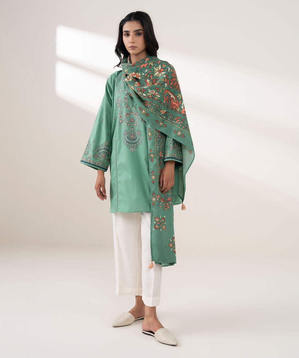 Women's RTW Cotton Embroidered Green 2 Piece Suit