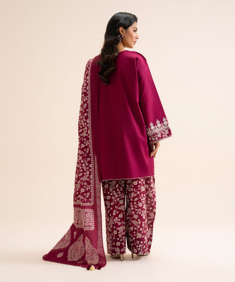 Women's Unstitched Light Khaddar Embroidered Plum 3 Piece Suit